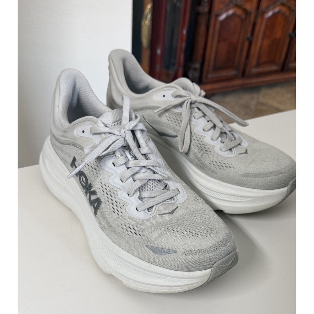 HOKA Bondi 9 Womens Running Shoes 9B Stardust Silver Grey Max Cushion